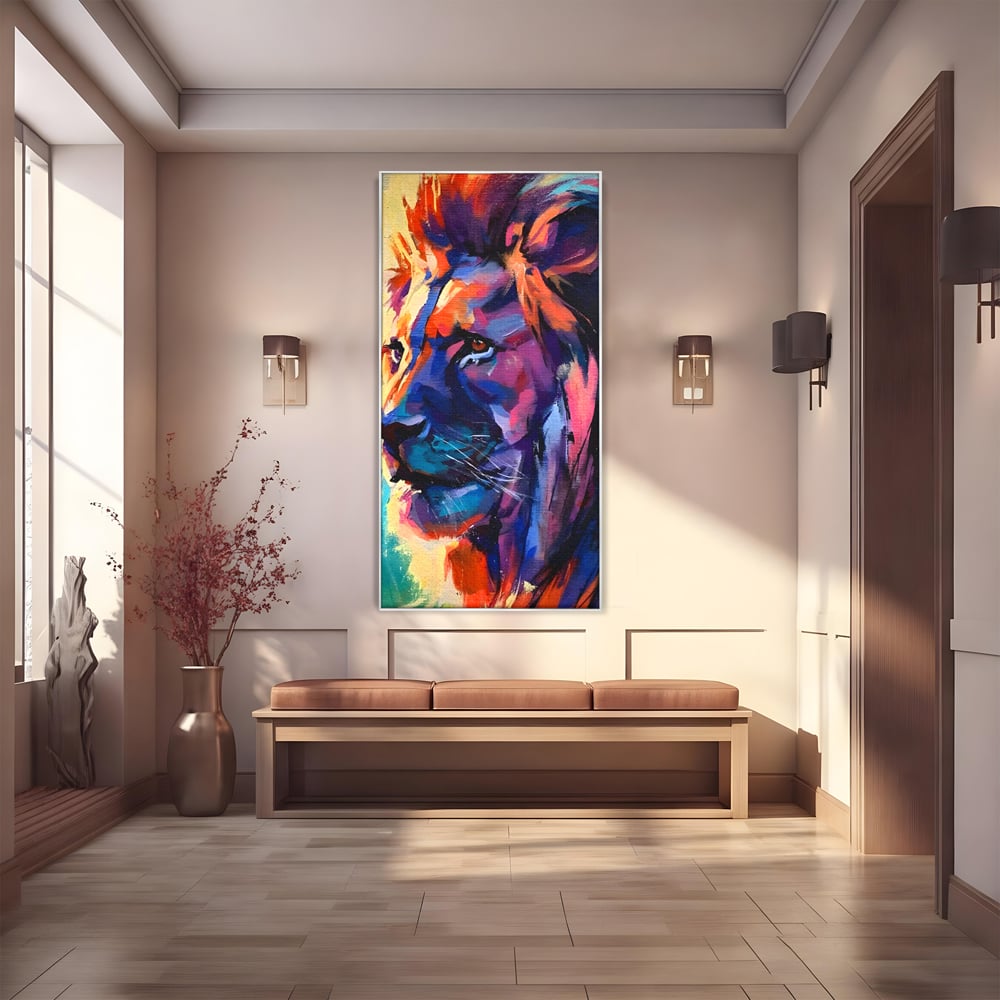 Tablou canvas cu tablou canvas cu leu colorat, in rama de aluminiu argintiu